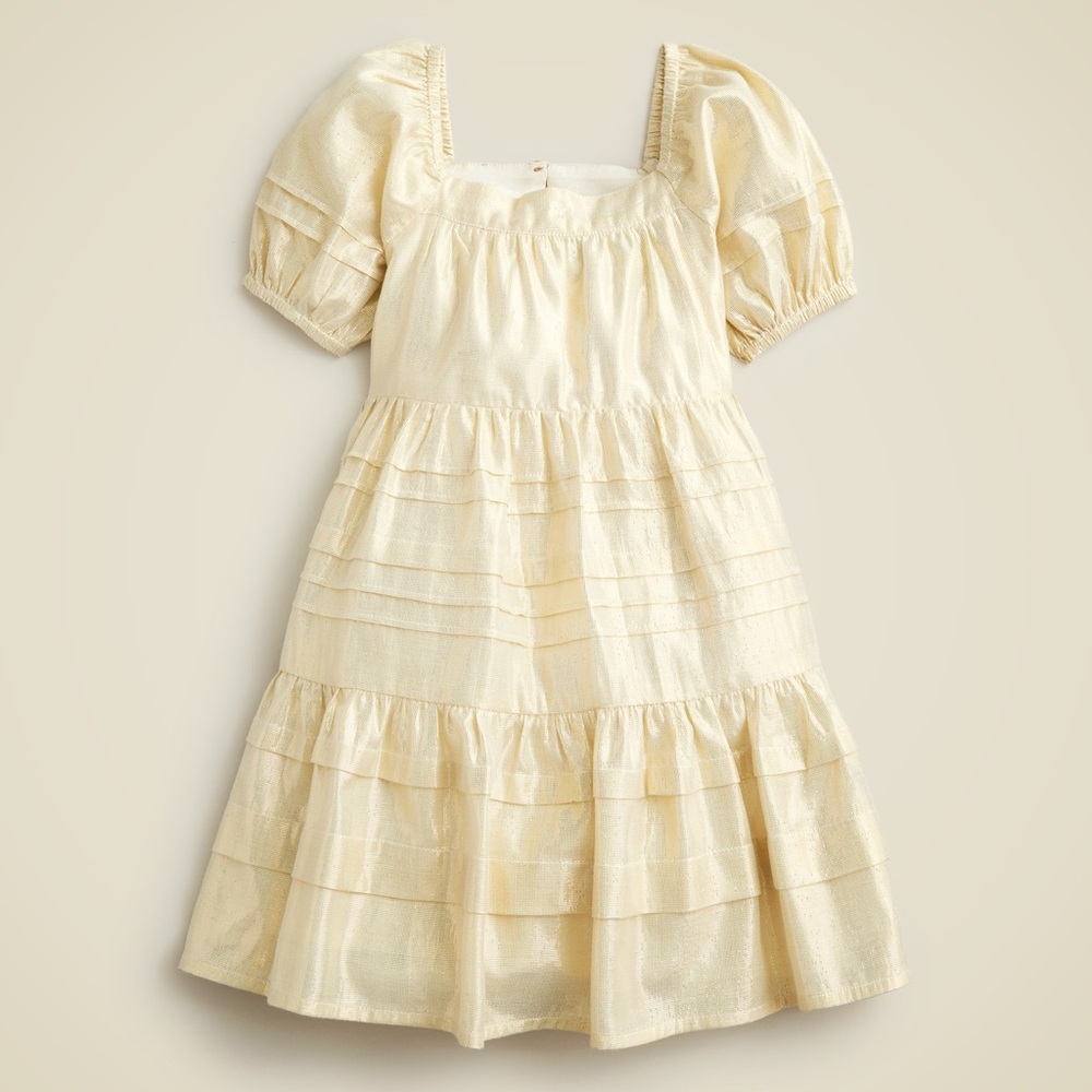 J Crew Collection Girls' puff sleeve square neck pintuck dress in gold lamé